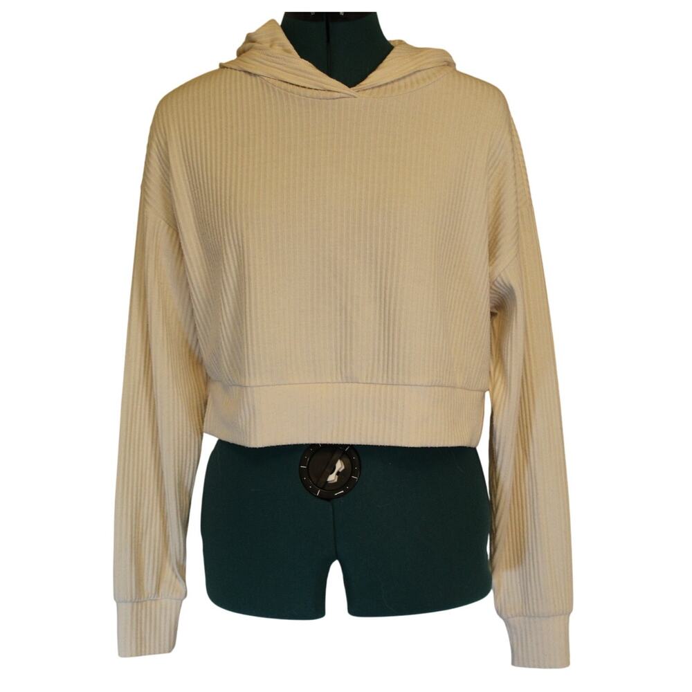 Revival Cropped Ribbed Hoodie Cream Off-White Long Sleeve Women’s XS